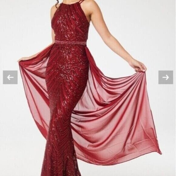 Burgundy,  O Neck, Sleeveless,  Detachable Skirt,  Sequined Mermaid Gown - Picture 7 of 16